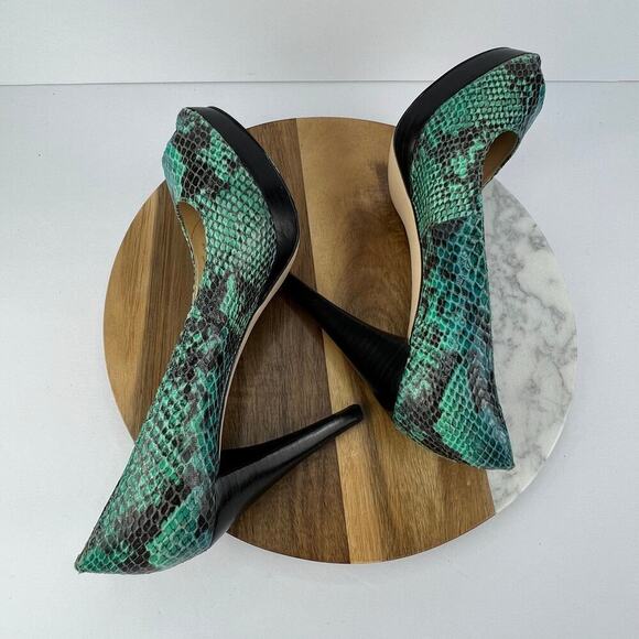 EUC Calvin Klein Sandie Two Tone Cobalt Blue/Green Snakeskin Retro Wood Heel 7.5 - Picture 5 of 10